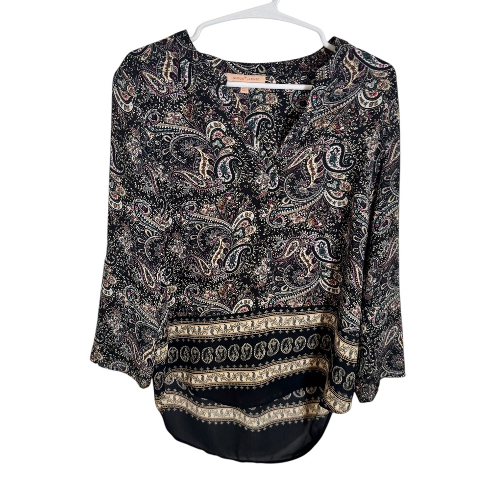 Gibson&Latimer‎ Paisley Print V Neck Blouse Women's Size Small Black Multi Color